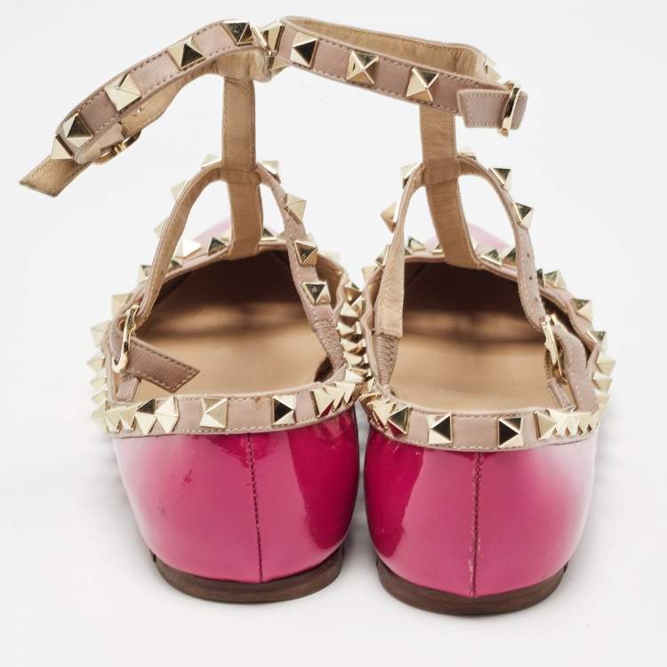 Pre Owned Valentino Pink Leather and Patent Rockstud Ballet Flats Size 36.5