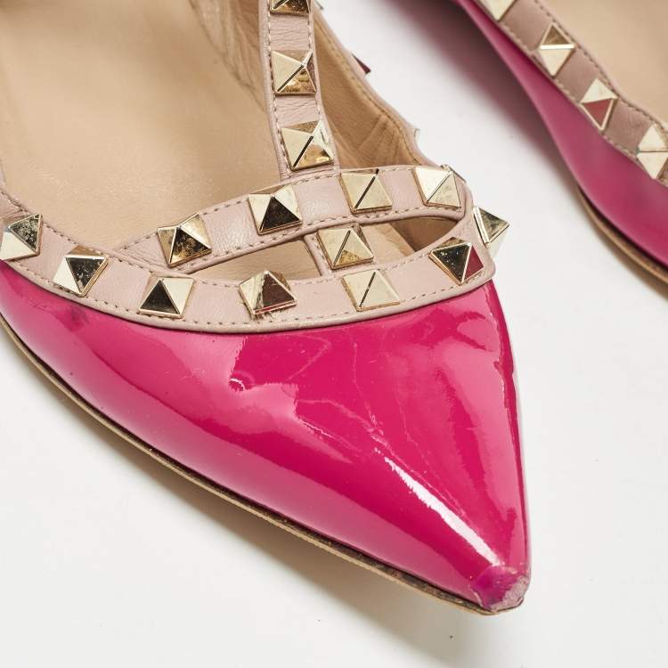 Pre Owned Valentino Pink Leather and Patent Rockstud Ballet Flats Size 36.5