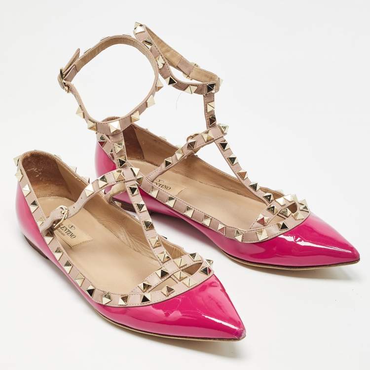 Pre Owned Valentino Pink Leather and Patent Rockstud Ballet Flats Size 36.5