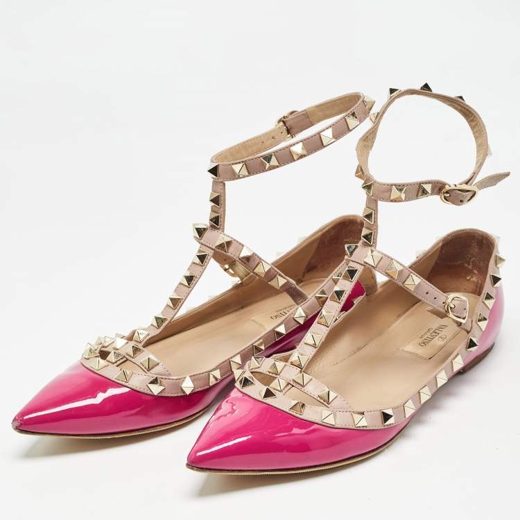 Pre Owned Valentino Pink Leather and Patent Rockstud Ballet Flats Size 36.5