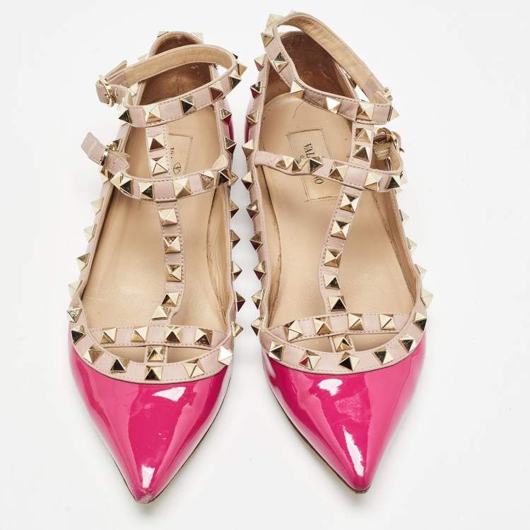 Pre Owned Valentino Pink Leather and Patent Rockstud Ballet Flats Size 36.5