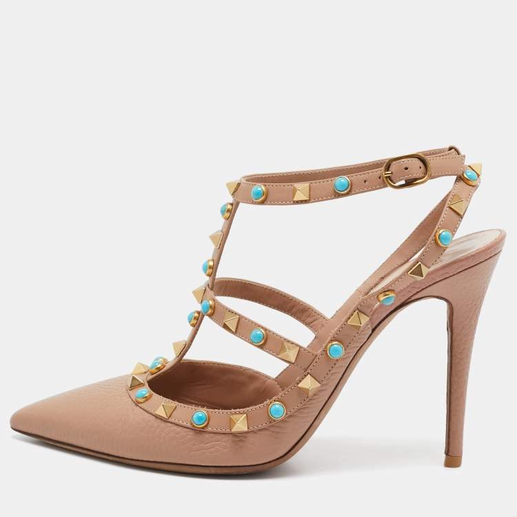 Pre Owned Valentino Beige Leather Rolling Rockstud Ankle Strap Pumps Size 39