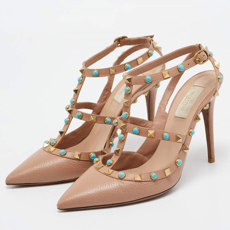 Pre Owned Valentino Beige Leather Rolling Rockstud Ankle Strap Pumps Size 39