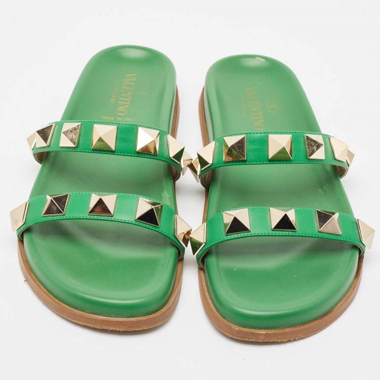 Pre Owned Valentino Green Leather Rockstud Flat Slides Size 38