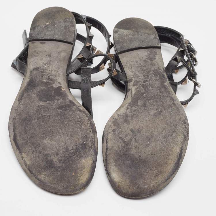 Pre Owned Valentino Black Leather Rockstud Ankle Strap Flats Size 40