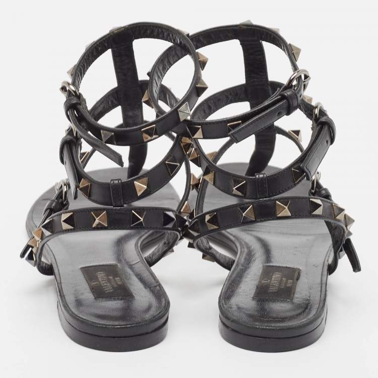 Pre Owned Valentino Black Leather Rockstud Ankle Strap Flats Size 40