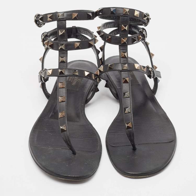 Pre Owned Valentino Black Leather Rockstud Ankle Strap Flats Size 40