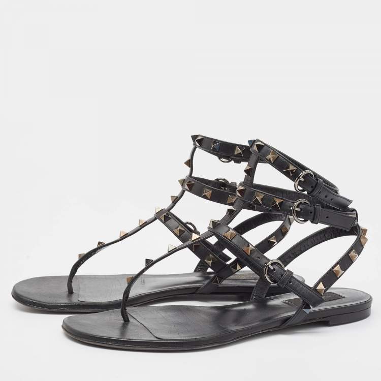 Pre Owned Valentino Black Leather Rockstud Ankle Strap Flats Size 40