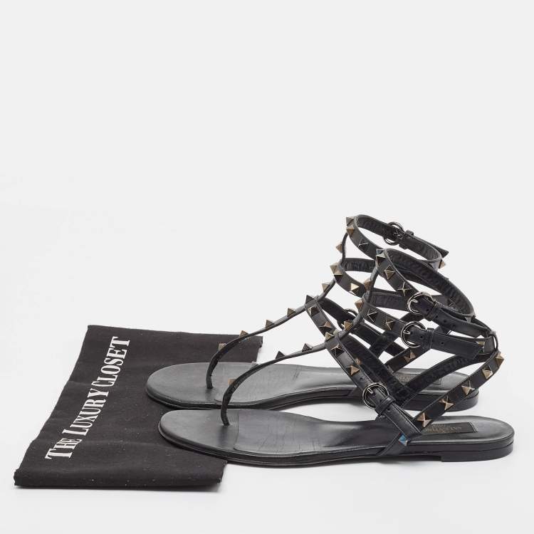 Pre Owned Valentino Black Leather Rockstud Ankle Strap Flats Size 40