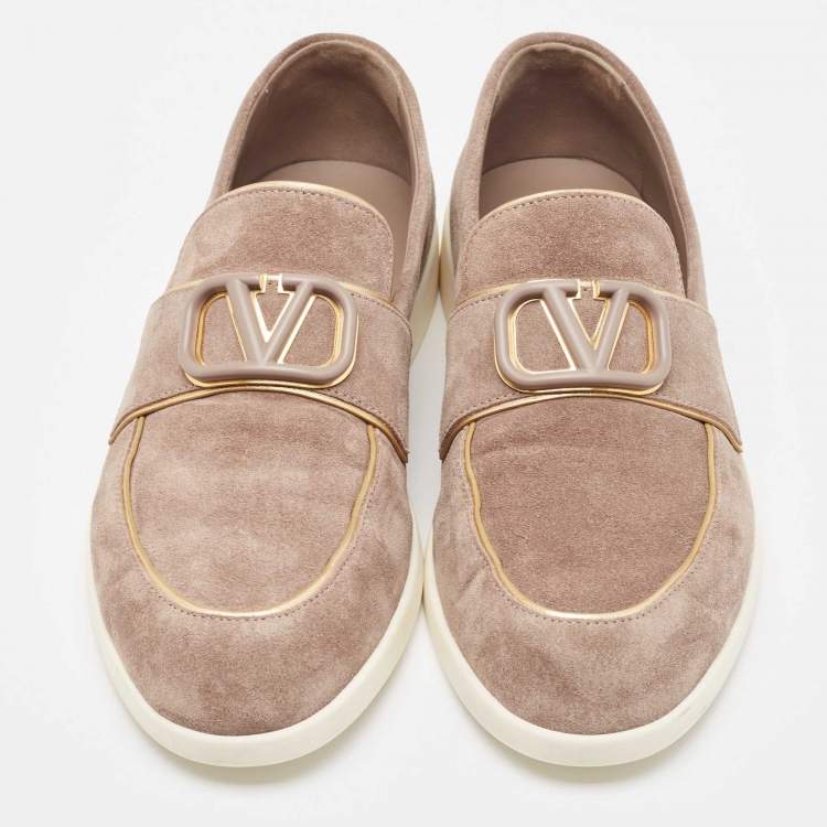 Pre Owned Valentino Grey Suede Logo Slip On Loafers Size 40.5