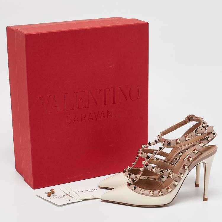 Pre Owned Valentino White Patent Leather Rockstud Strappy Pointed Toe Pumps Size 35