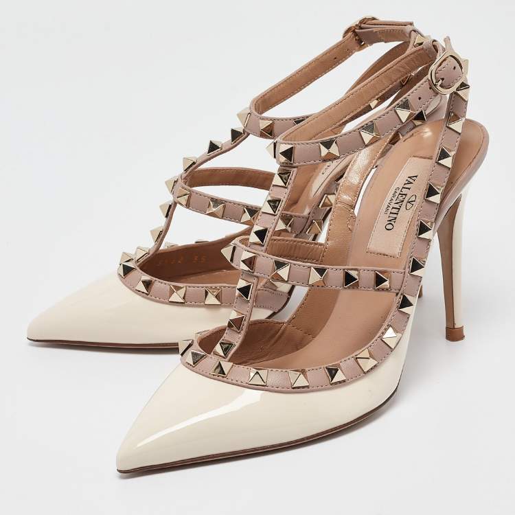 Pre Owned Valentino White Patent Leather Rockstud Strappy Pointed Toe Pumps Size 35