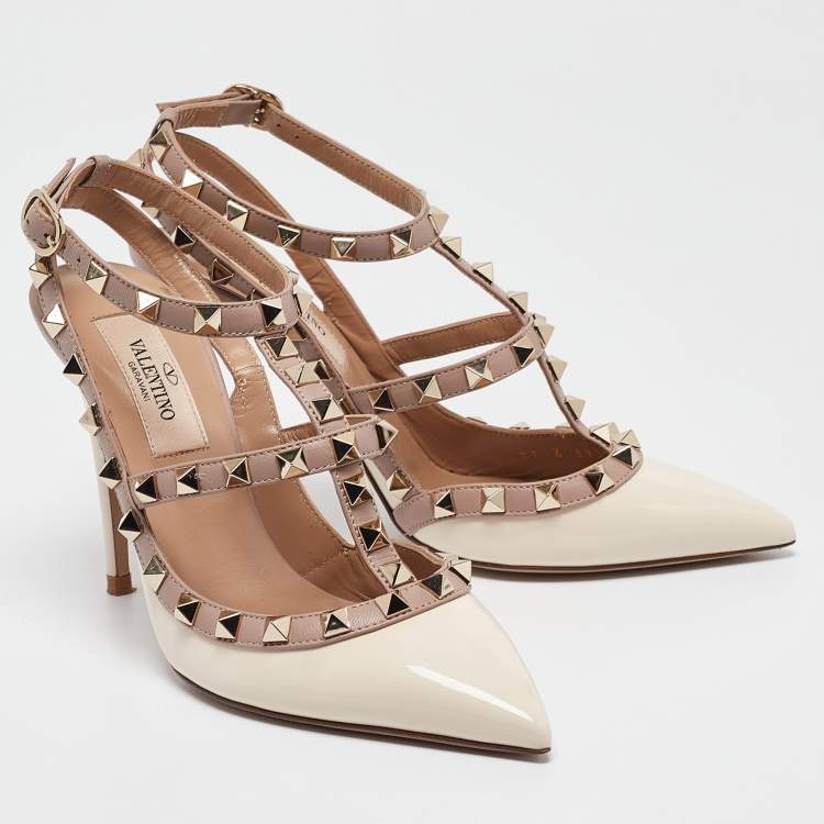 Pre Owned Valentino White Patent Leather Rockstud Strappy Pointed Toe Pumps Size 35