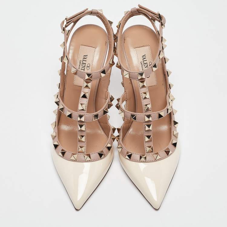 Pre Owned Valentino White Patent Leather Rockstud Strappy Pointed Toe Pumps Size 35