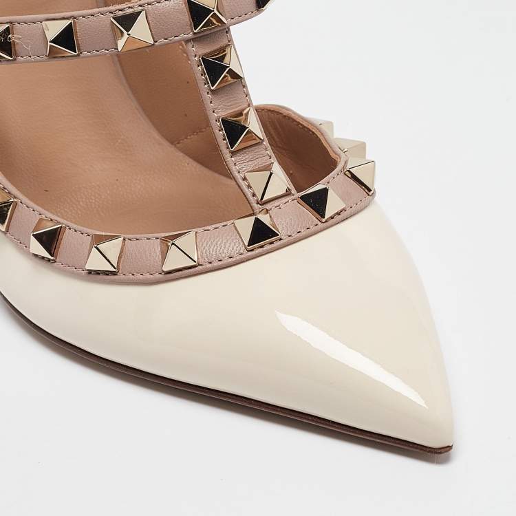 Pre Owned Valentino White Patent Leather Rockstud Strappy Pointed Toe Pumps Size 35