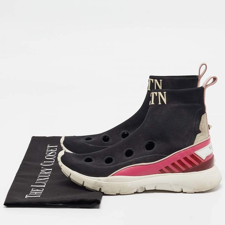 Pre Owned Valentino Black/Pink Fabric and Leather VLTN High Top Sneakers Size 35