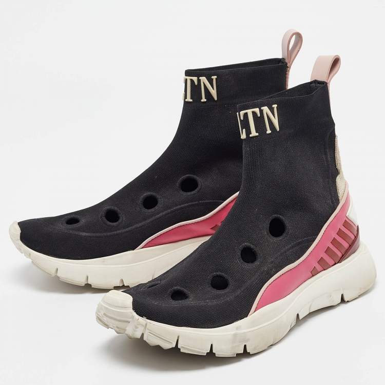 Pre Owned Valentino Black/Pink Fabric and Leather VLTN High Top Sneakers Size 35