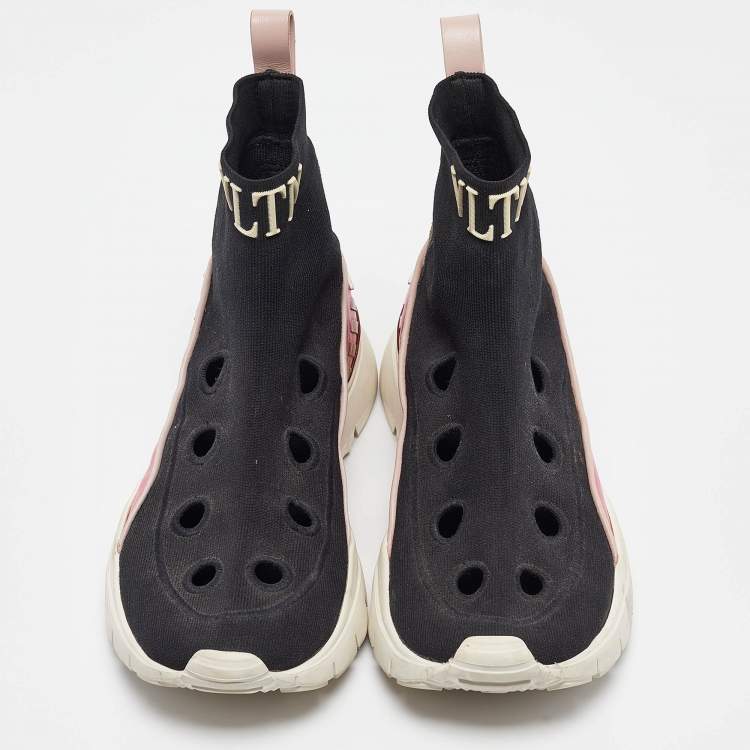 Pre Owned Valentino Black/Pink Fabric and Leather VLTN High Top Sneakers Size 35
