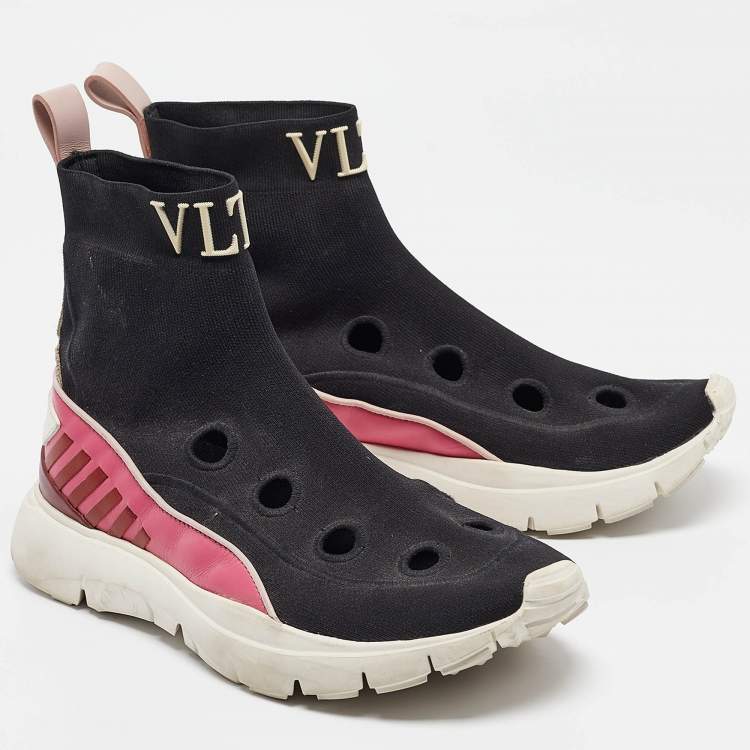 Pre Owned Valentino Black/Pink Fabric and Leather VLTN High Top Sneakers Size 35