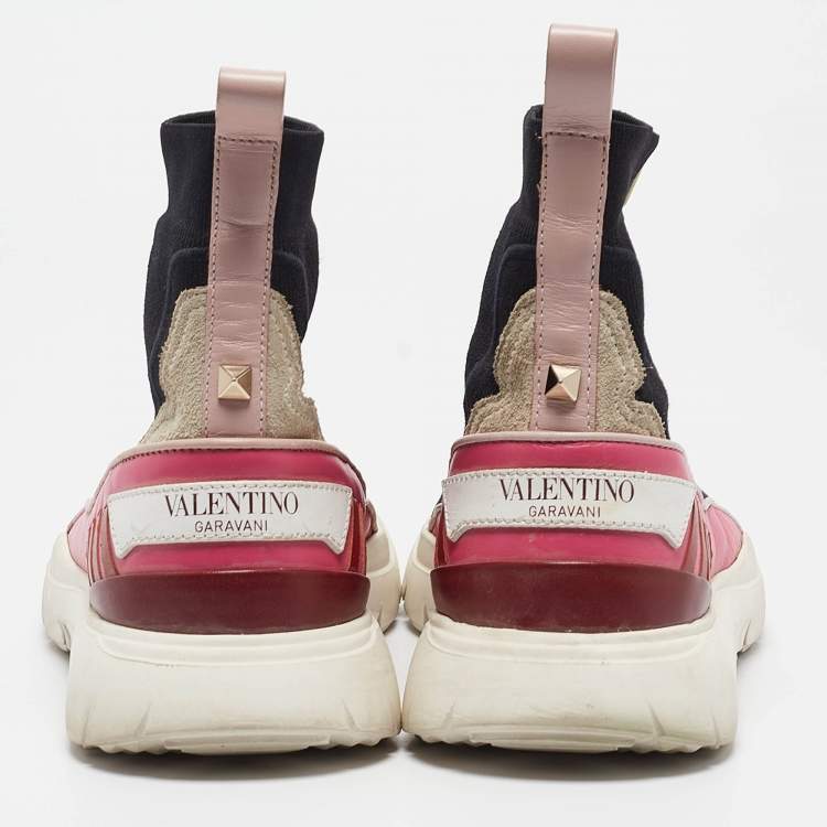 Pre Owned Valentino Black/Pink Fabric and Leather VLTN High Top Sneakers Size 35