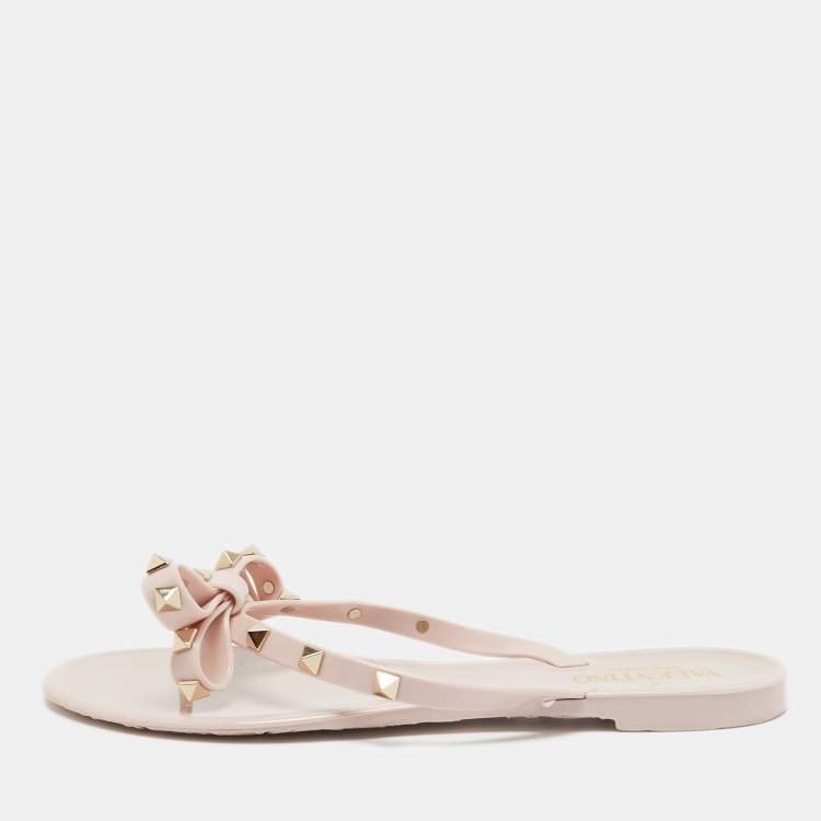 Pre Owned Valentino Pink Jelly Rockstud Bow Thong Flats Size 39