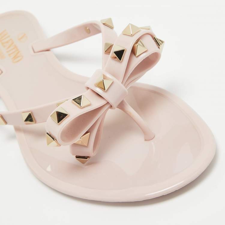 Pre Owned Valentino Pink Jelly Rockstud Bow Thong Flats Size 39