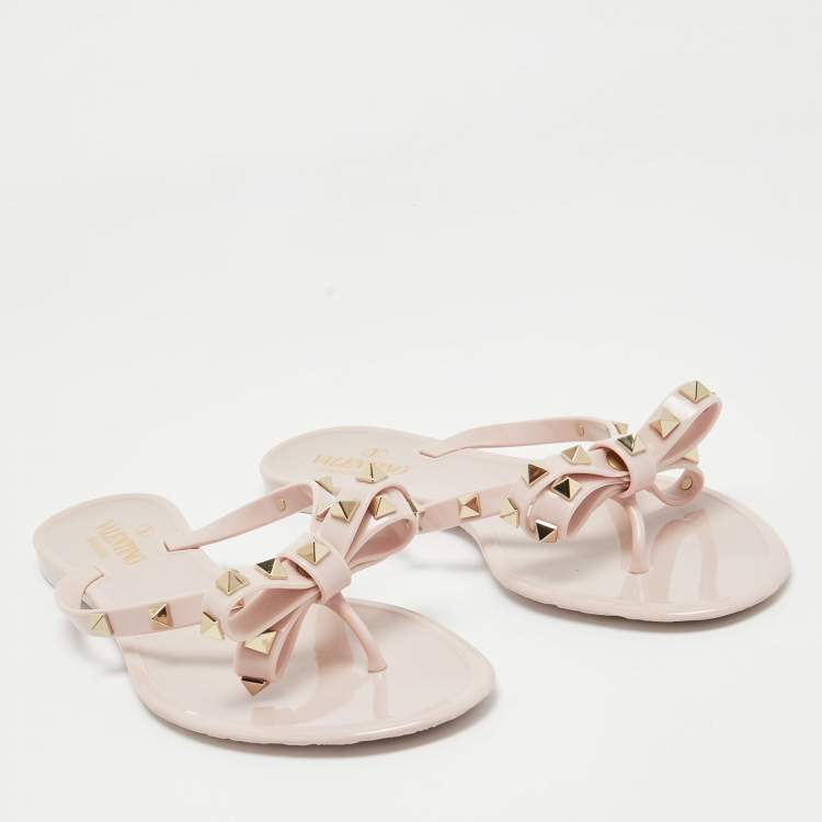 Pre Owned Valentino Pink Jelly Rockstud Bow Thong Flats Size 39