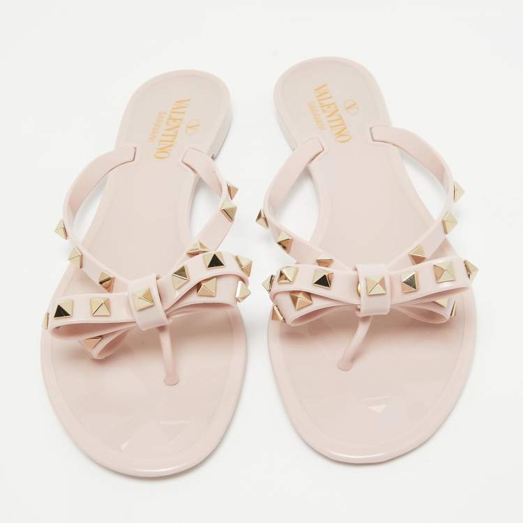 Pre Owned Valentino Pink Jelly Rockstud Bow Thong Flats Size 39