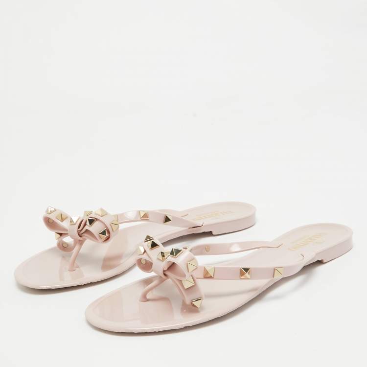 Pre Owned Valentino Pink Jelly Rockstud Bow Thong Flats Size 39