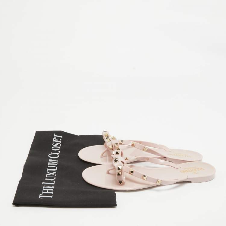 Pre Owned Valentino Pink Jelly Rockstud Bow Thong Flats Size 39