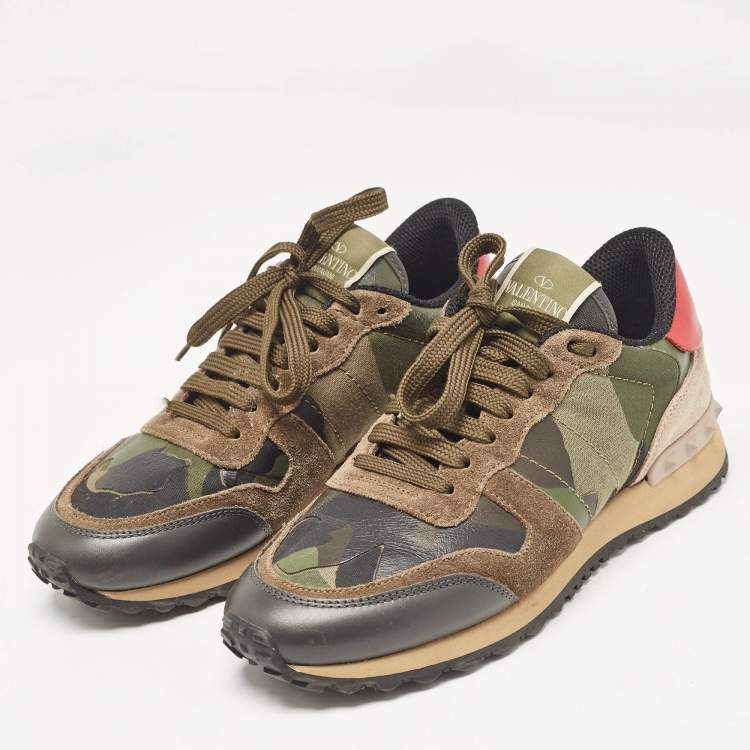 Pre Owned Valentino Multicolor Camouflage Print Canvas and Leather Rockrunner Sneakers Size 37