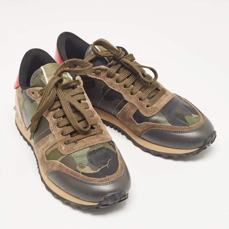Pre Owned Valentino Multicolor Camouflage Print Canvas and Leather Rockrunner Sneakers Size 37
