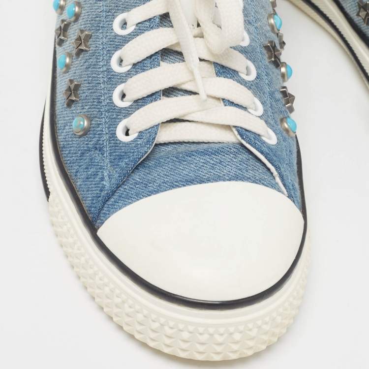 Pre Owned Valentino Blue/White Denim and Leather Star Studded Sneakers Size 39