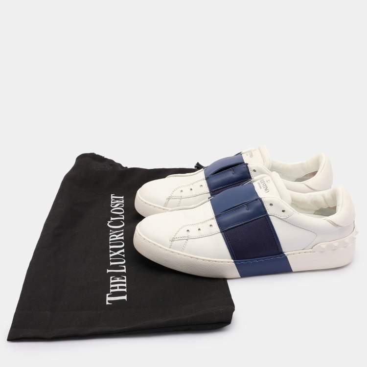 مملوكة مسبقًا Valentino White/Blue Leather Rockstud Slip On Sneakers Size 38.5