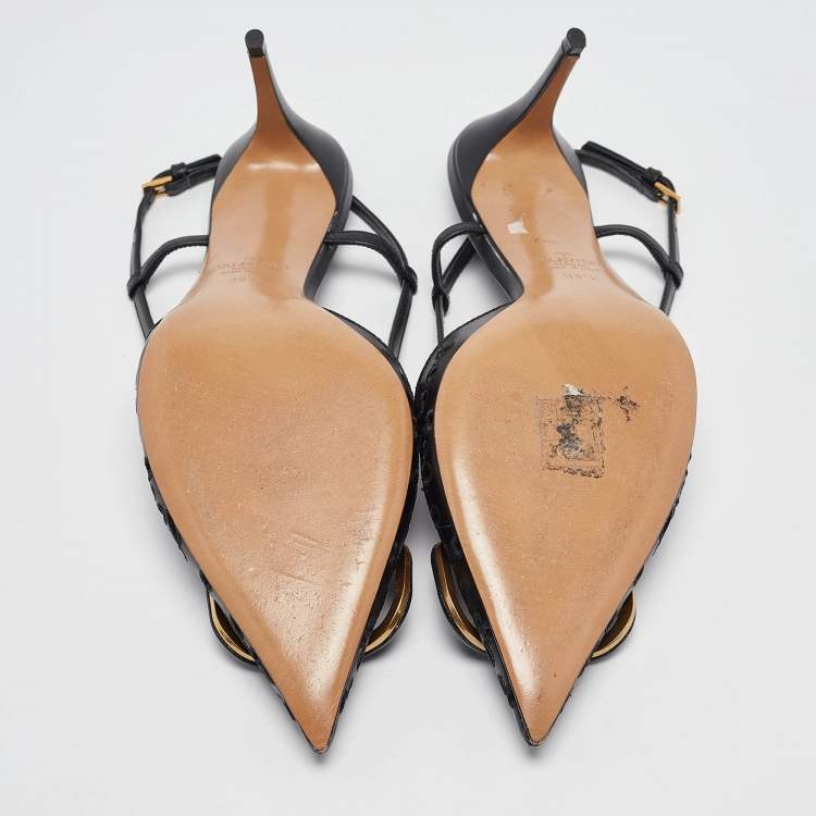 Pre Owned Valentino Black Laser Cut Leather Vlogo Slingback Pumps Size 38.5