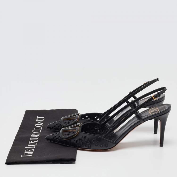 Pre Owned Valentino Black Laser Cut Leather Vlogo Slingback Pumps Size 38.5