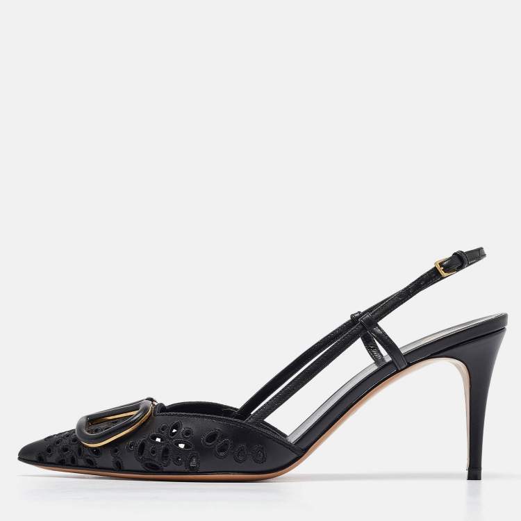 Pre Owned Valentino Black Laser Cut Leather Vlogo Slingback Pumps Size 38.5