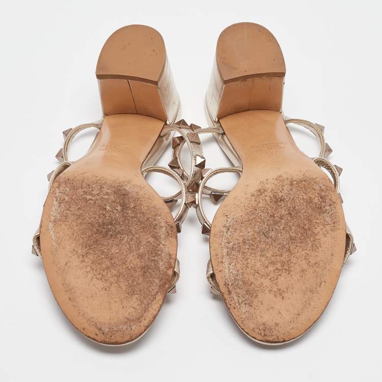 Pre Owned Valentino Metallic Bronze Leather Rockstud Slide Sandals Size 37