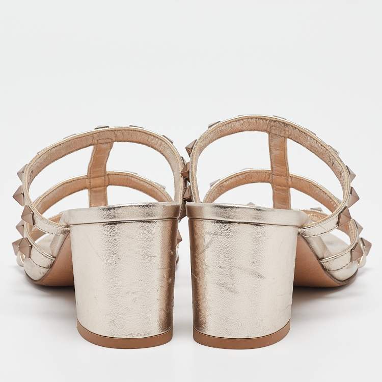 Pre Owned Valentino Metallic Bronze Leather Rockstud Slide Sandals Size 37