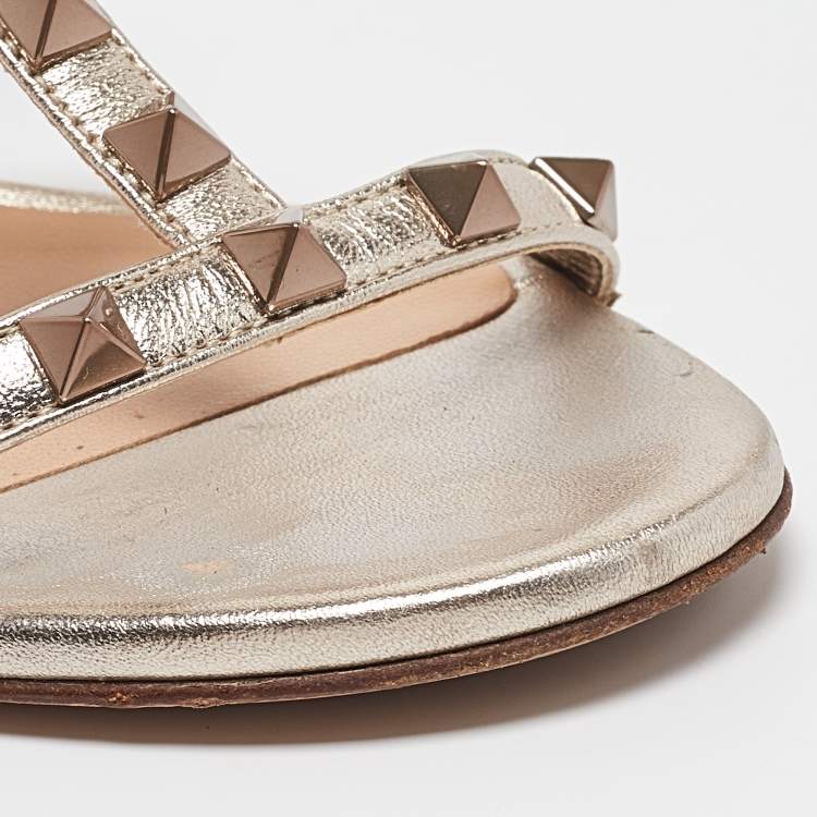 Pre Owned Valentino Metallic Bronze Leather Rockstud Slide Sandals Size 37