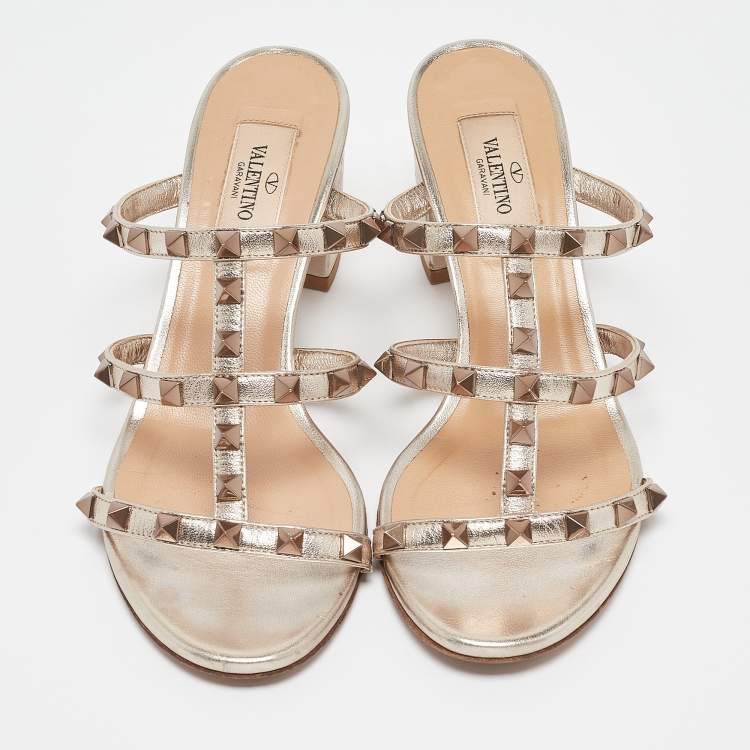 Pre Owned Valentino Metallic Bronze Leather Rockstud Slide Sandals Size 37