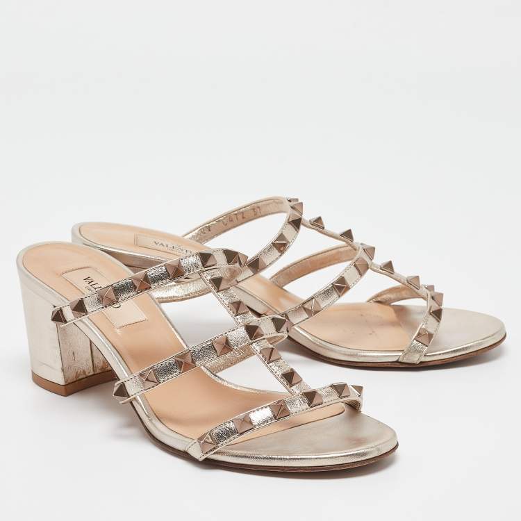 Pre Owned Valentino Metallic Bronze Leather Rockstud Slide Sandals Size 37