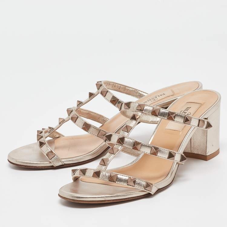 Pre Owned Valentino Metallic Bronze Leather Rockstud Slide Sandals Size 37