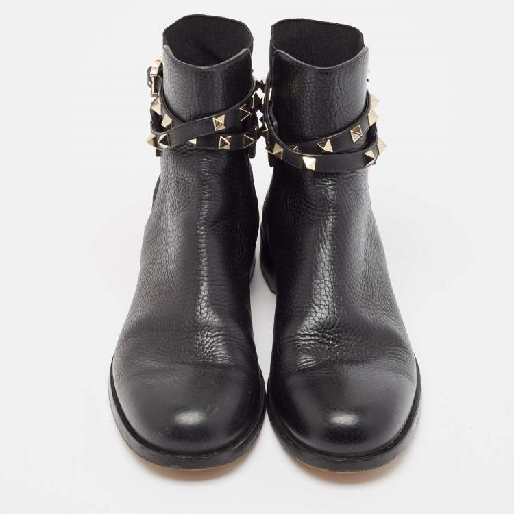 Pre Owned Valentino Black Leather Rockstud Ankle Length Boots Size 37