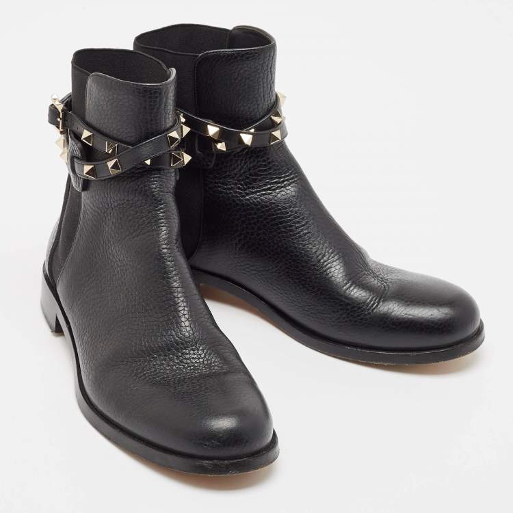 Pre Owned Valentino Black Leather Rockstud Ankle Length Boots Size 37