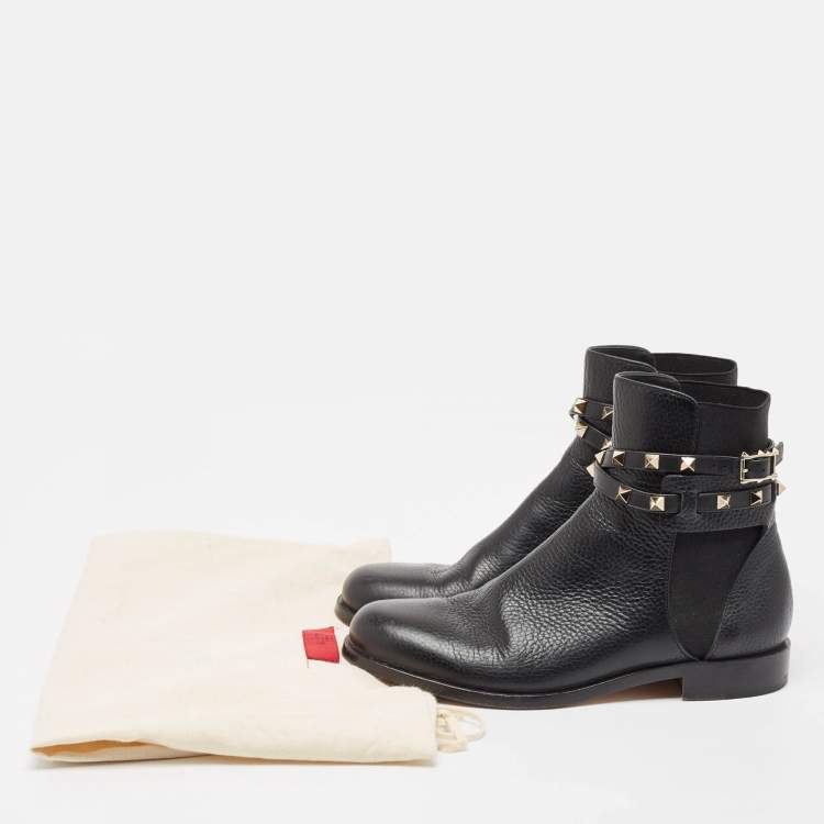 Pre Owned Valentino Black Leather Rockstud Ankle Length Boots Size 37