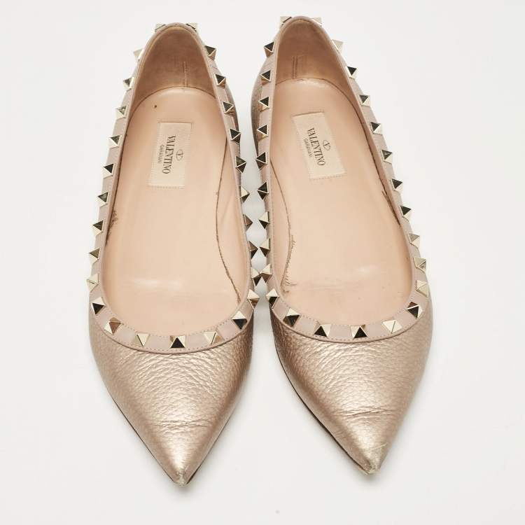 Pre Owned Valentino Metallic Leather Rockstud Ballet Flats Size 39