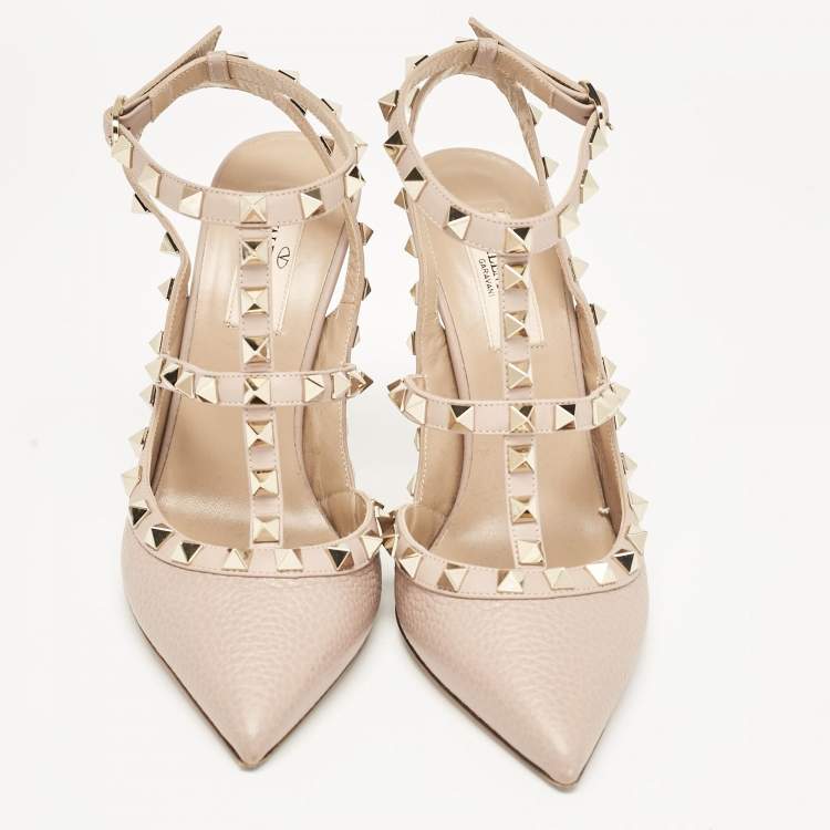 Pre Owned Valentino Dusty Pink Leather Rockstud Ankle Strap Pumps Size 37