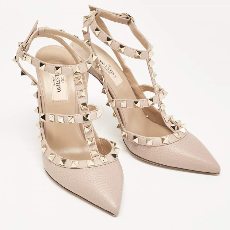 Pre Owned Valentino Dusty Pink Leather Rockstud Ankle Strap Pumps Size 37