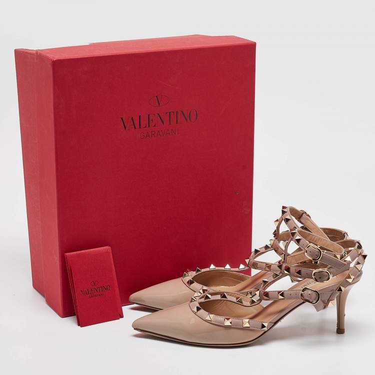 Pre Owned Valentino Beige Patent and Leather Rockstud Ankle Strap Pumps Size 39